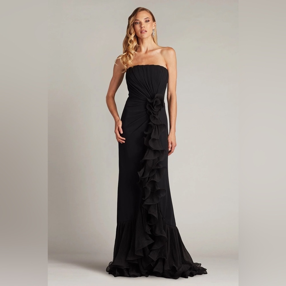 new Tadashi Shoji LEITH CASCADING RUFFLE GOWN in black